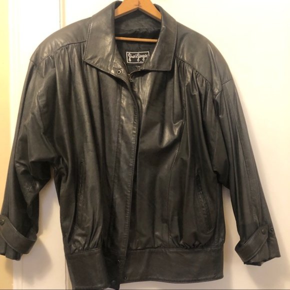 VINTAGE 80s Leather Jacket Black Bomber Oversized Batwing Sleeve Comint Large - Picture 7 of 16